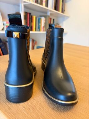 Kate Spade Black Chelsea Rain Boots with Leopard Accent